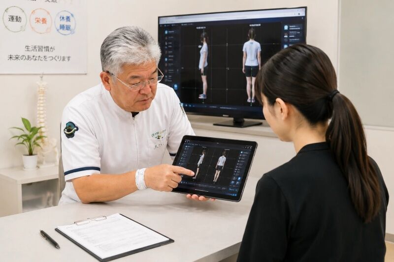 問診、骨格検査、可動域検査、AIによる骨格撮影、カイロプラクティックの説明